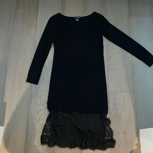 Club Monaco black knit dress with lace skirt detailing